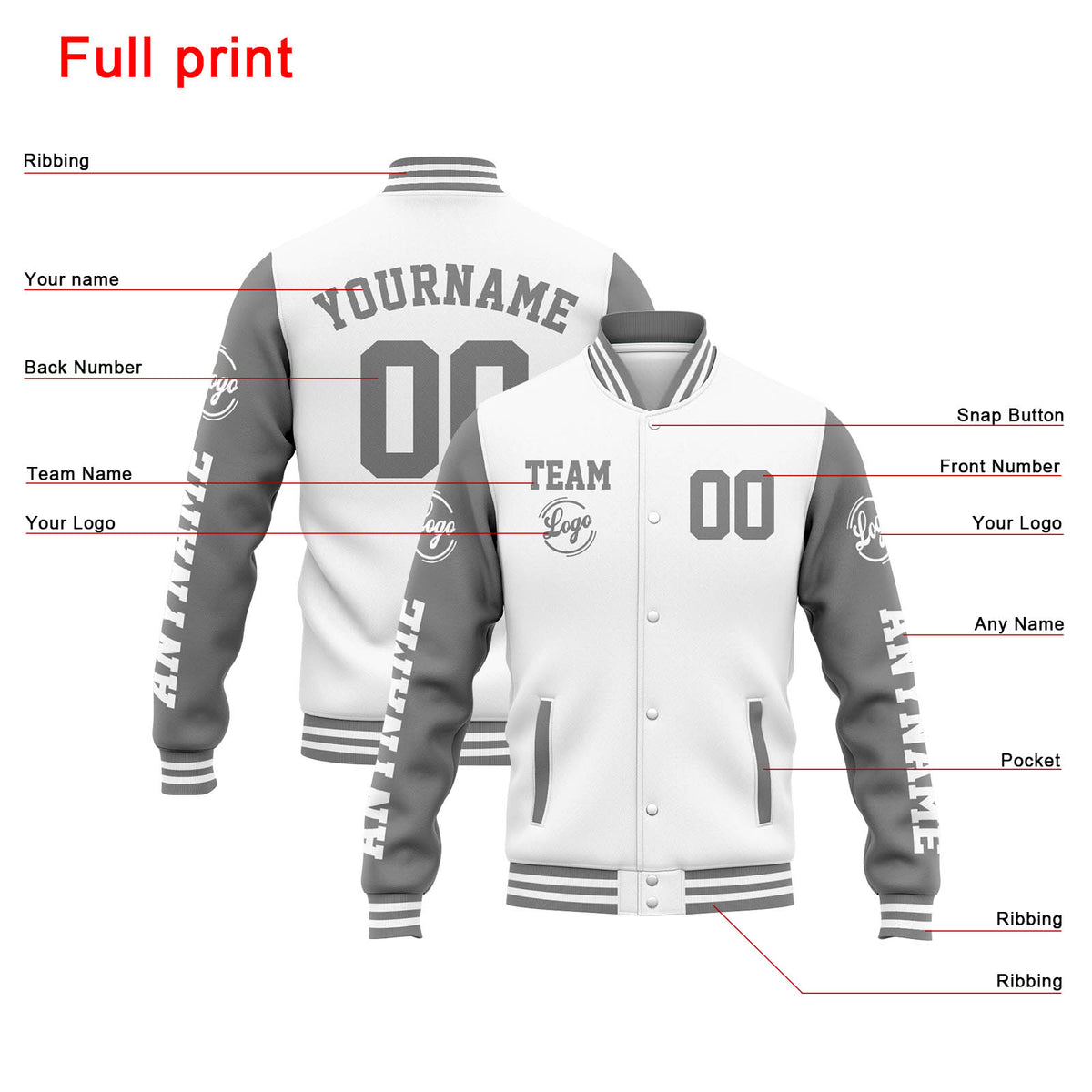 Chaqueta universitaria personalizada estilo Letterman para hombres-mujeres y jóvenes-color blanco y gris