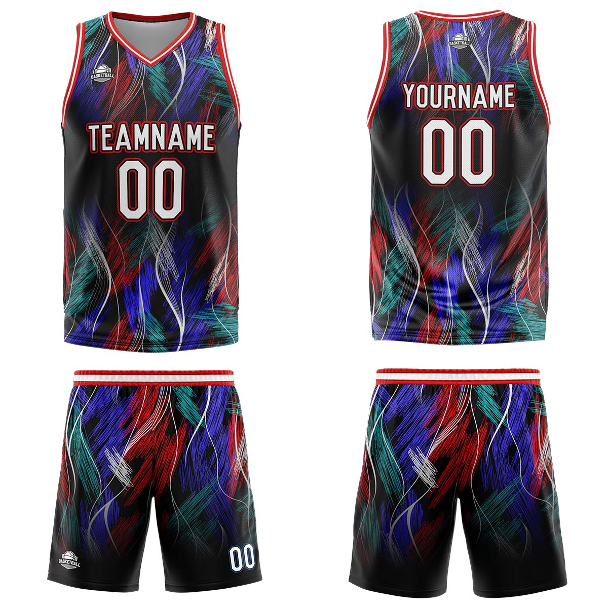 Uniforme de baloncesto personalizado negro y rojo con tu logotipo-nombre y número impresos