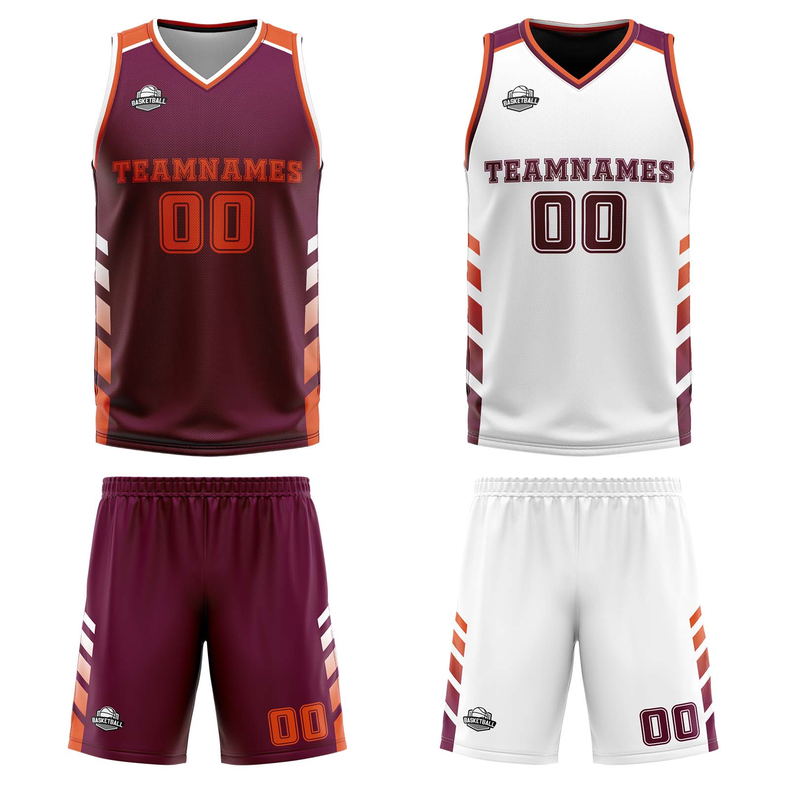 Traje de baloncesto reversible personalizado en burdeos-blanco y naranja para adultos y niños