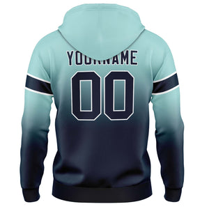 Sudadera con capucha personalizada con degradado para hombre-mujer-niña o niño Estampa tu logotipo-nombre y número en color verde azulado claro y azul marino