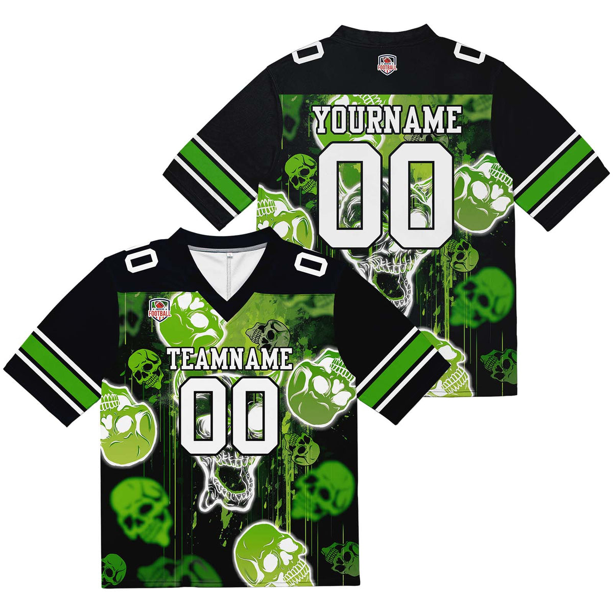 Camiseta de fútbol personalizada con nombre y número del equipo impresos y bordados-estilo grafiti con calavera verde