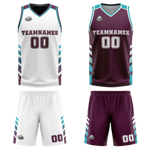 Traje de baloncesto reversible personalizado blanco granate y verde azulado para adultos y niños