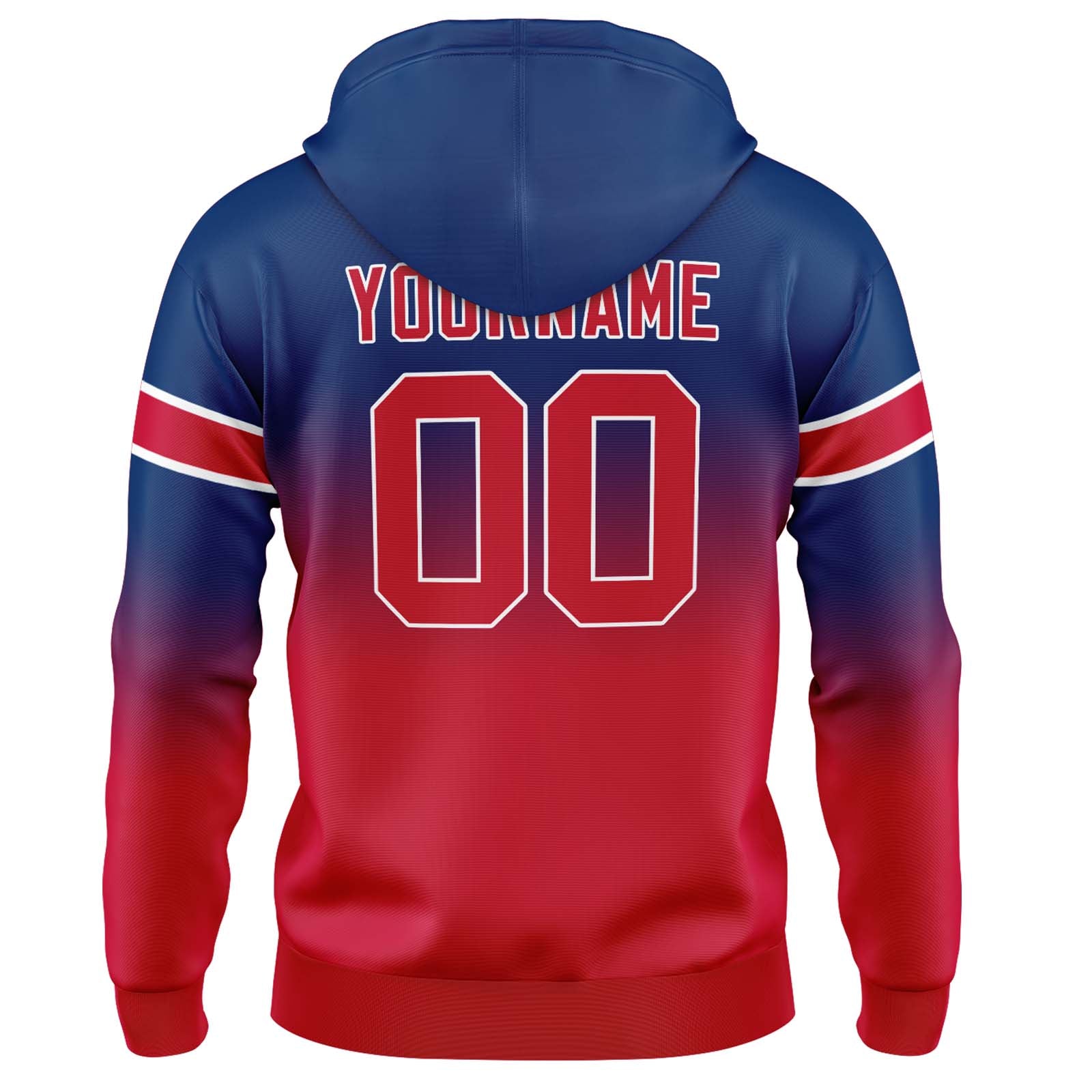 Sudadera con capucha personalizada con degradado para hombre-mujer-niña o niño Estampa tu logotipo-nombre o número en azul marino y rojo