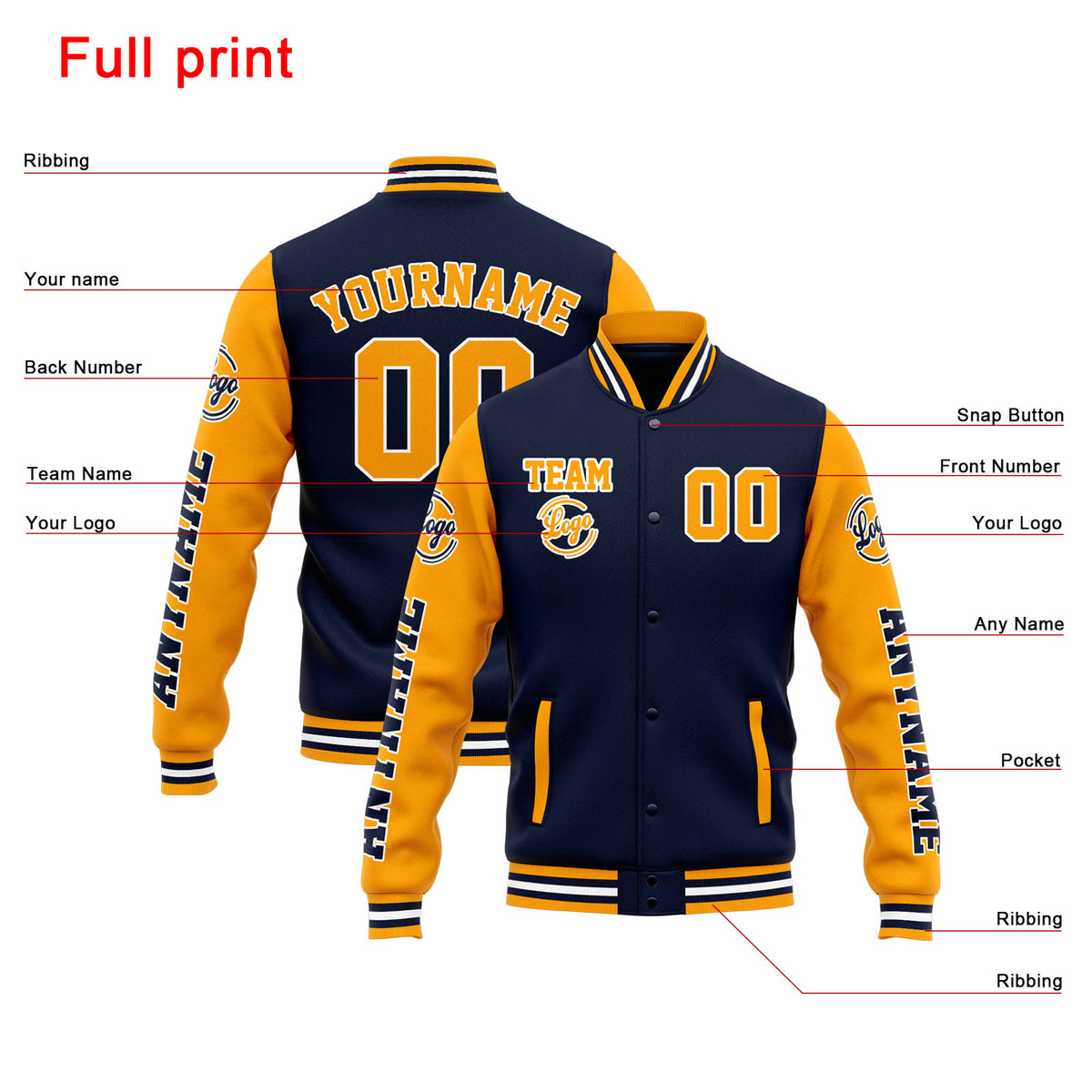 Chaqueta universitaria personalizada estilo Letterman para hombres-mujeres y jóvenes-color azul marino y naranja