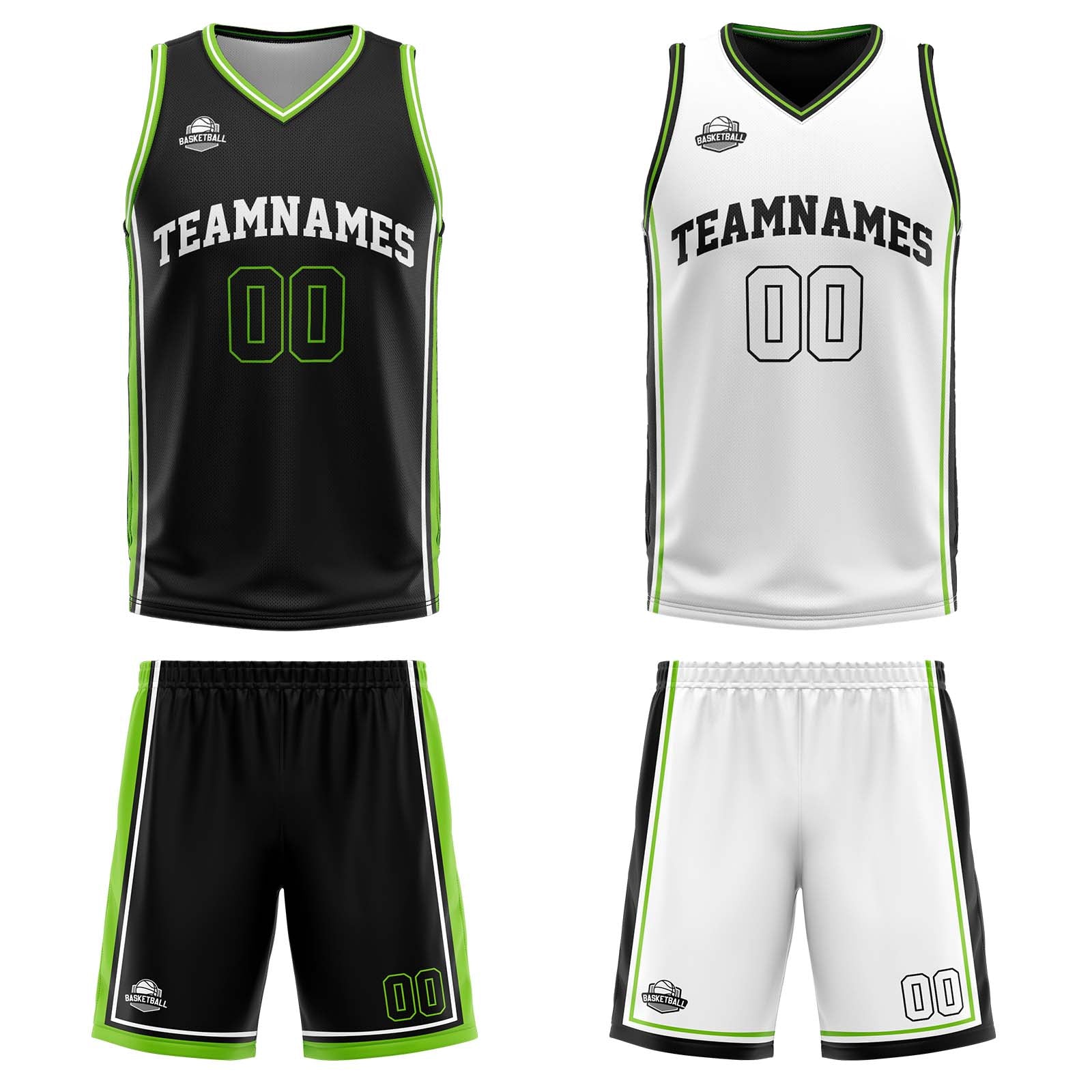 Traje de baloncesto reversible personalizado en negro-blanco y verde neón para adultos y niños