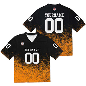 Camiseta de fútbol personalizada con nombre y número del equipo impresos y bordados-color negro y naranja