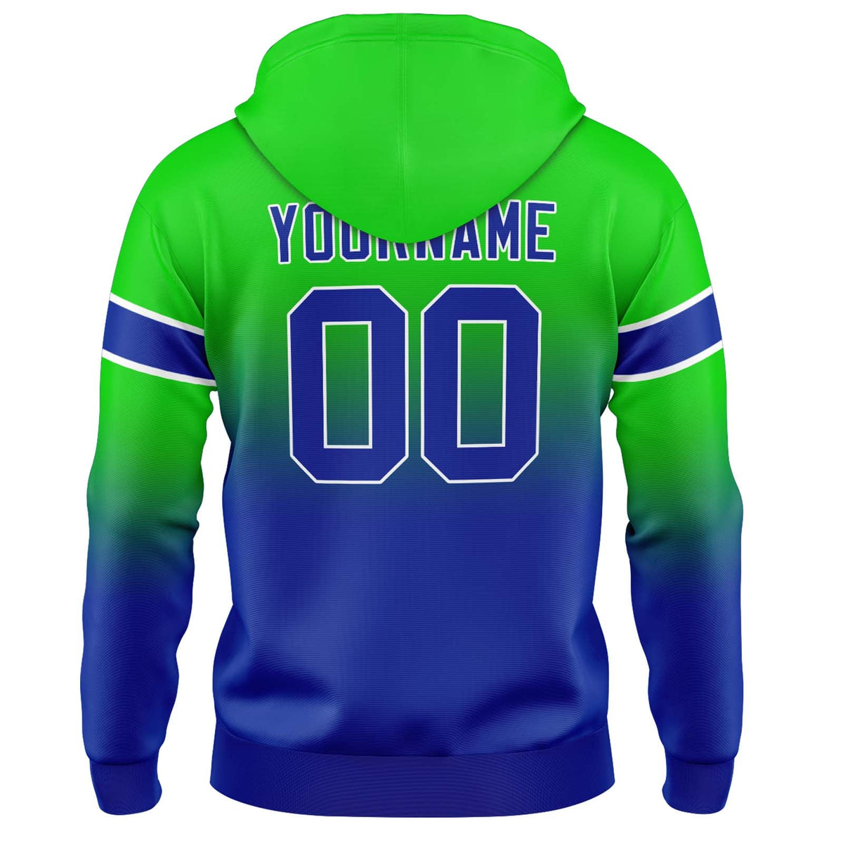 Sudadera con capucha personalizada con degradado para hombre-mujer-niña o niño Estampa tu logotipo-nombre y número en verde y azul
