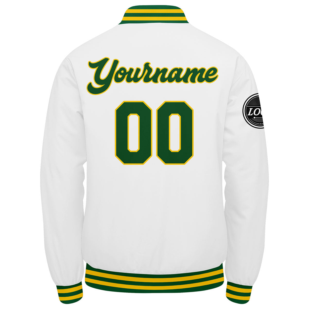 Chaqueta universitaria personalizada estilo Letterman para hombres-mujeres y jóvenes en colores verde-amarillo y blanco