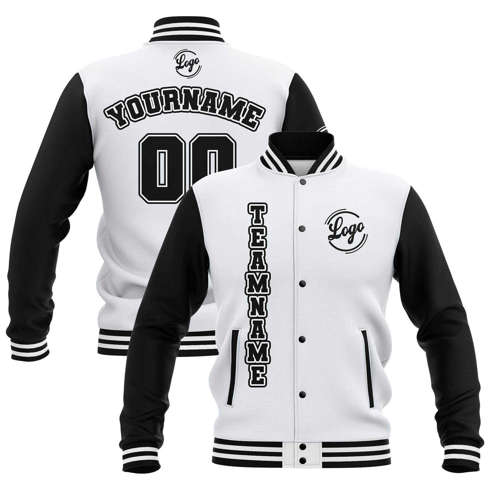 Chaquetas universitarias impermeables personalizadas en blanco y negro con nombre-número y logotipo bordados a medida