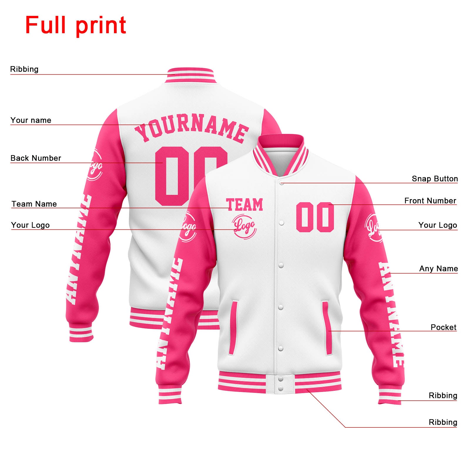 Chaqueta universitaria personalizada estilo Letterman para hombres-mujeres y jóvenes-color blanco y rosa