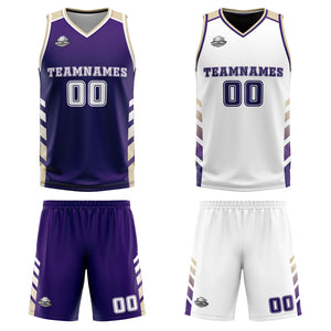 Traje de baloncesto reversible personalizado morado-blanco y crema para adultos y niños