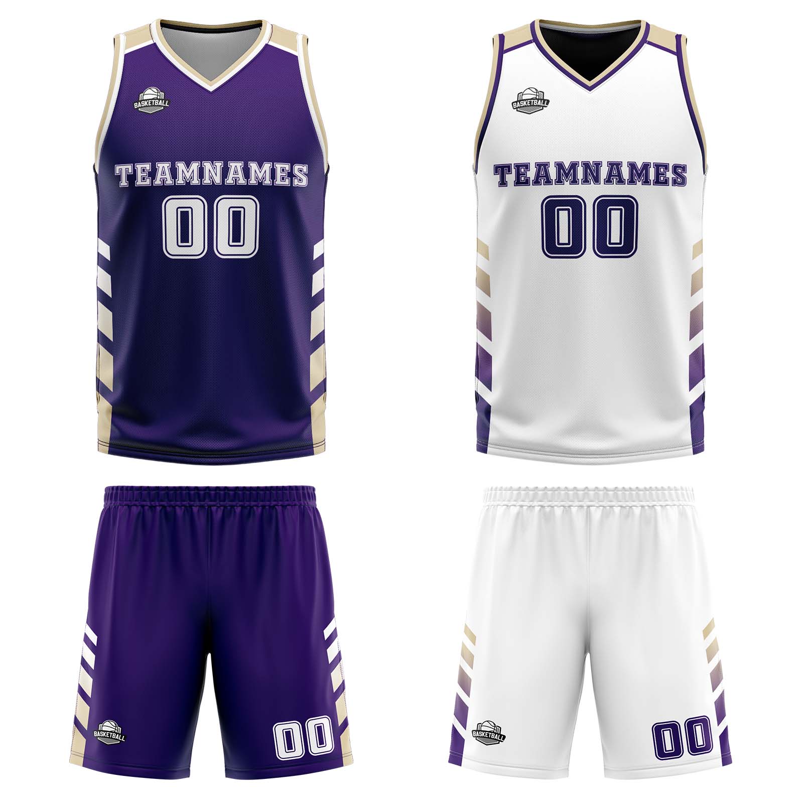 Traje de baloncesto reversible personalizado morado-blanco y crema para adultos y niños