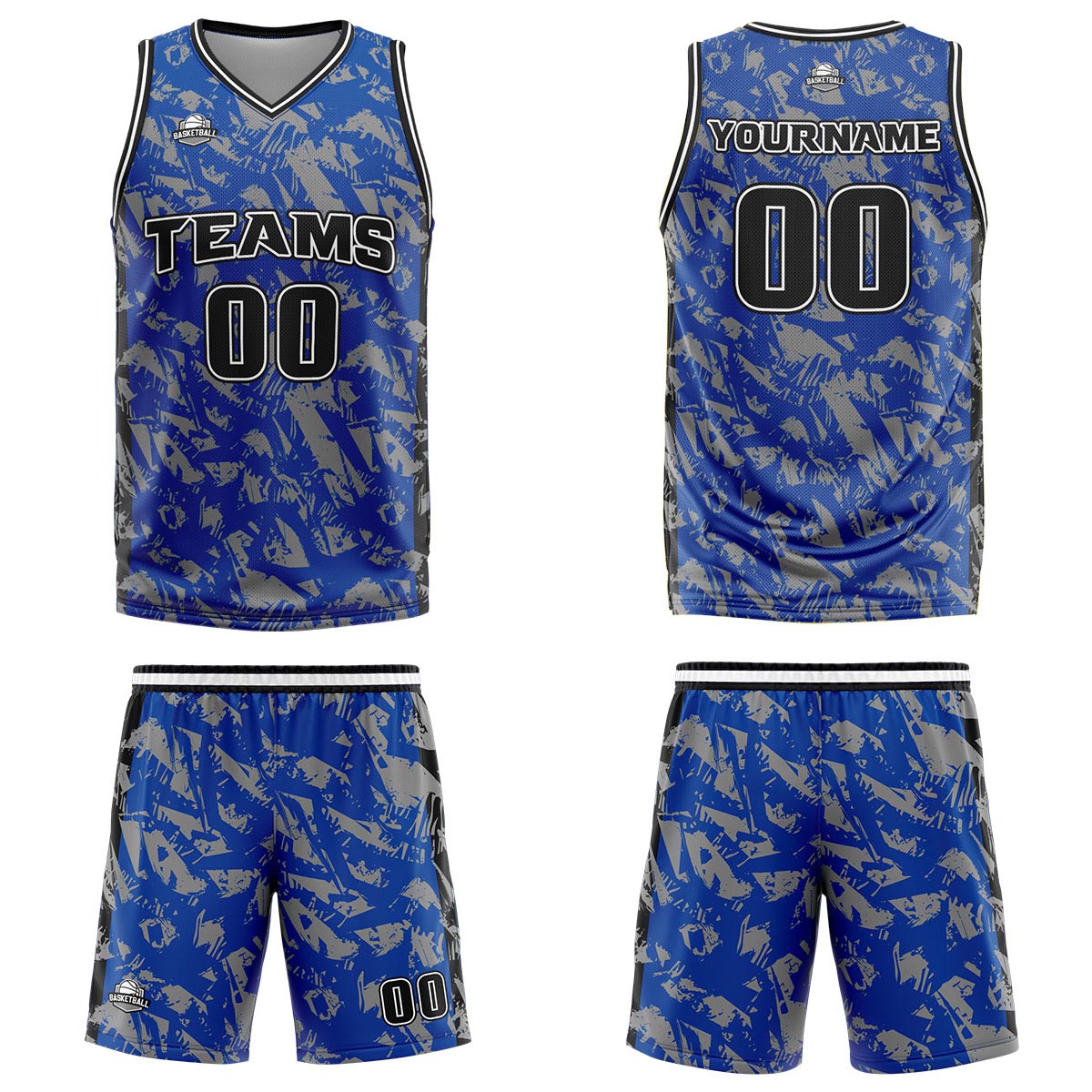 Uniforme de baloncesto personalizado en gris real roto con tu logotipo-nombre y número impresos