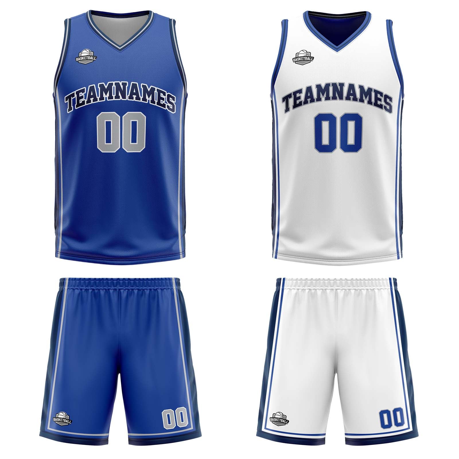 Traje de baloncesto reversible personalizado azul-blanco y gris para adultos y niños