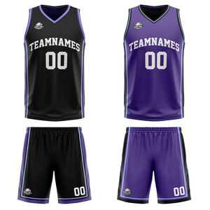 Traje de baloncesto reversible personalizado en negro-morado y blanco para adultos y niños