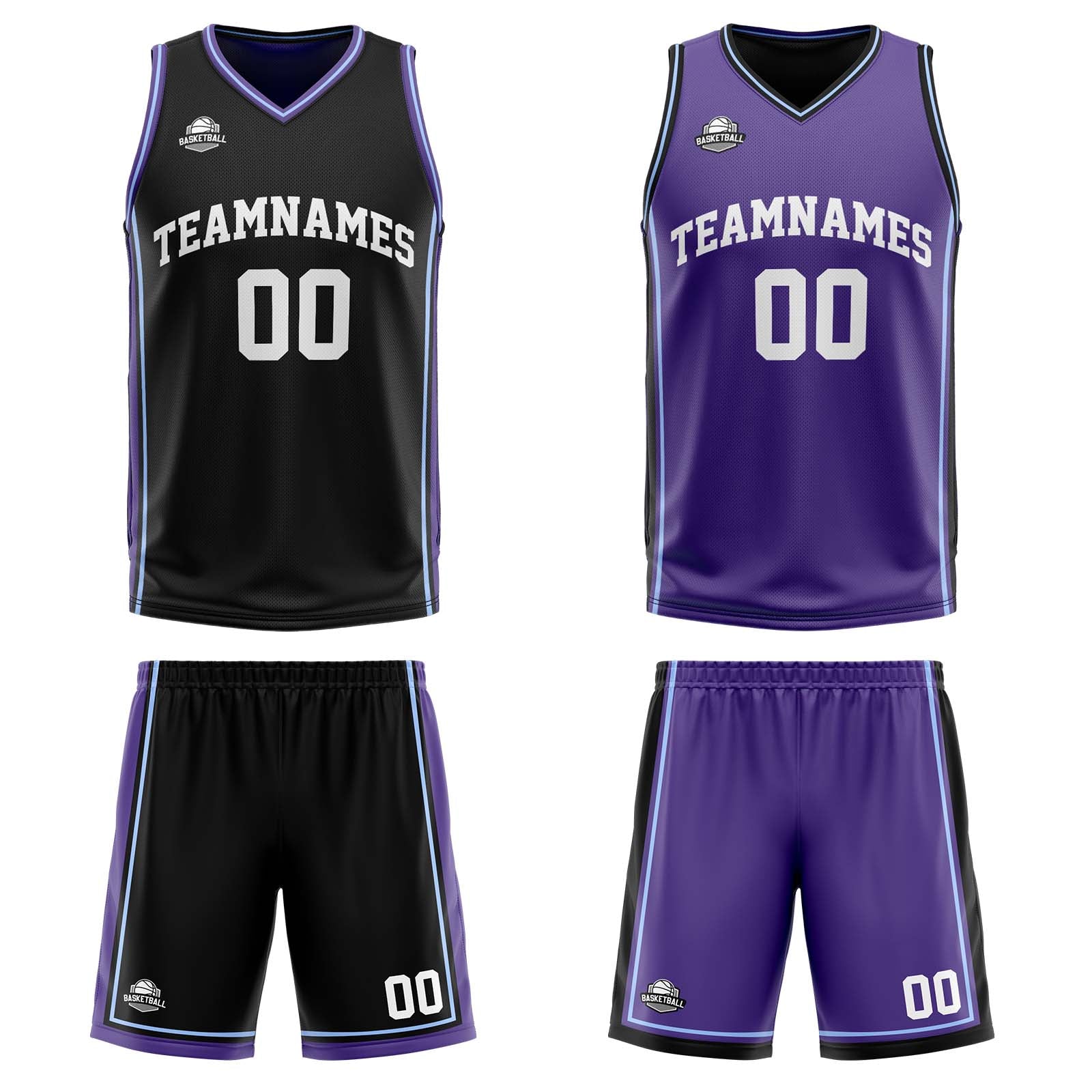 Traje de baloncesto reversible personalizado en negro-morado y blanco para adultos y niños