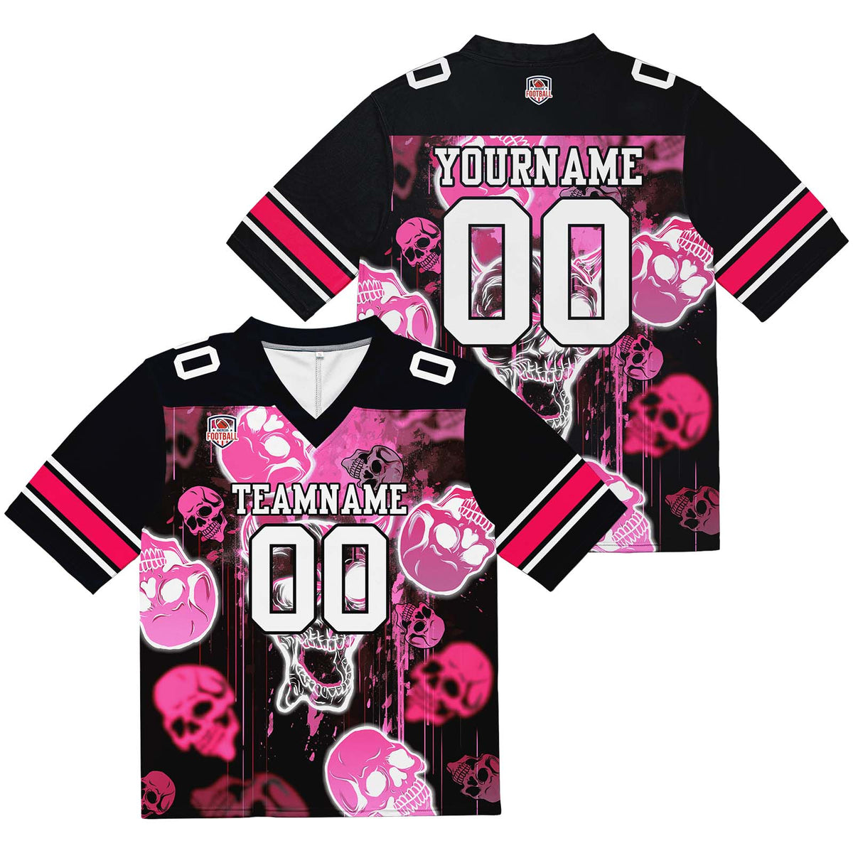 Camiseta de fútbol personalizada con nombre y número del equipo bordados y estampados-estilo grafiti con calavera rosa