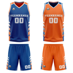 Traje de baloncesto reversible azul-naranja y blanco personalizado para adultos y niños