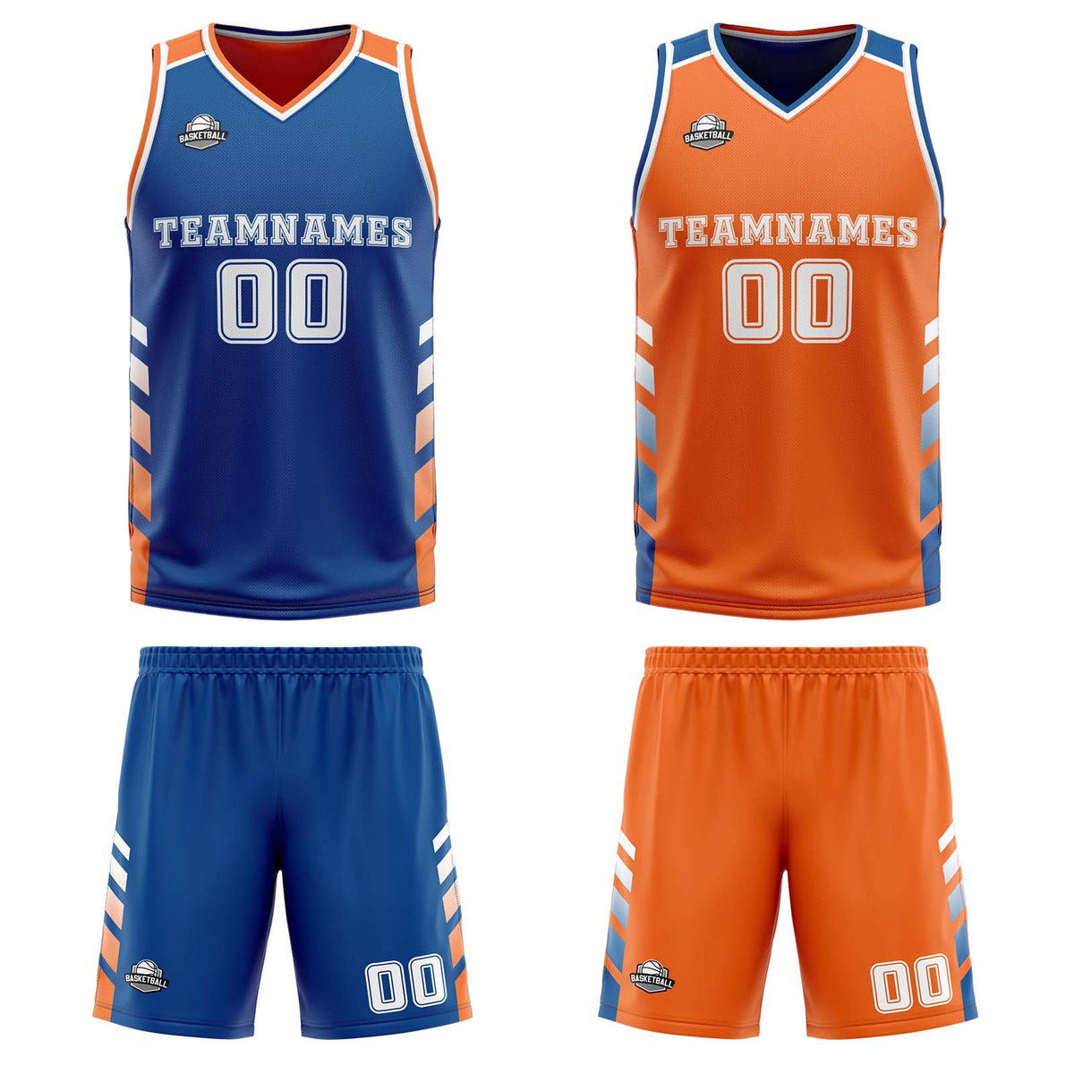 Traje de baloncesto reversible azul-naranja y blanco personalizado para adultos y niños