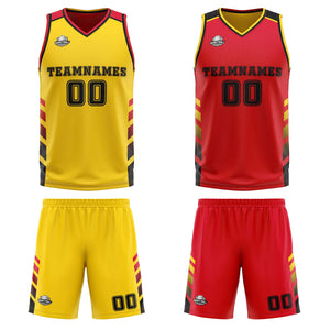 Traje de baloncesto reversible personalizado amarillo-rojo y negro para adultos y niños