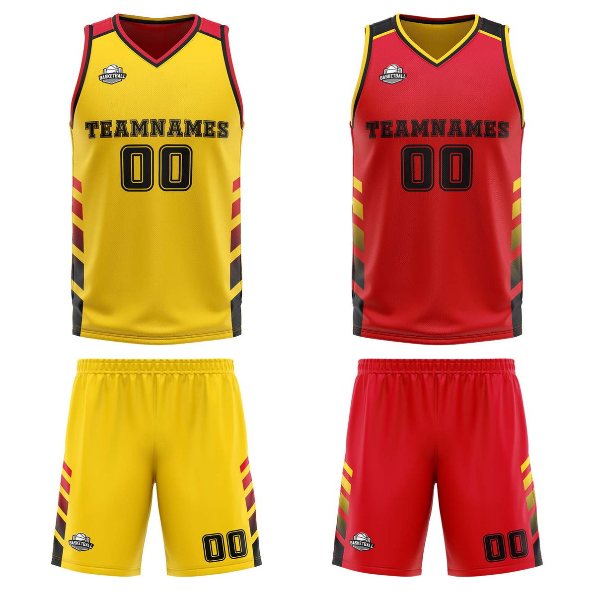 Traje de baloncesto reversible personalizado amarillo-rojo y negro para adultos y niños