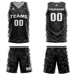 Uniforme de baloncesto personalizado negro y gris roto con tu logotipo-nombre y número impresos