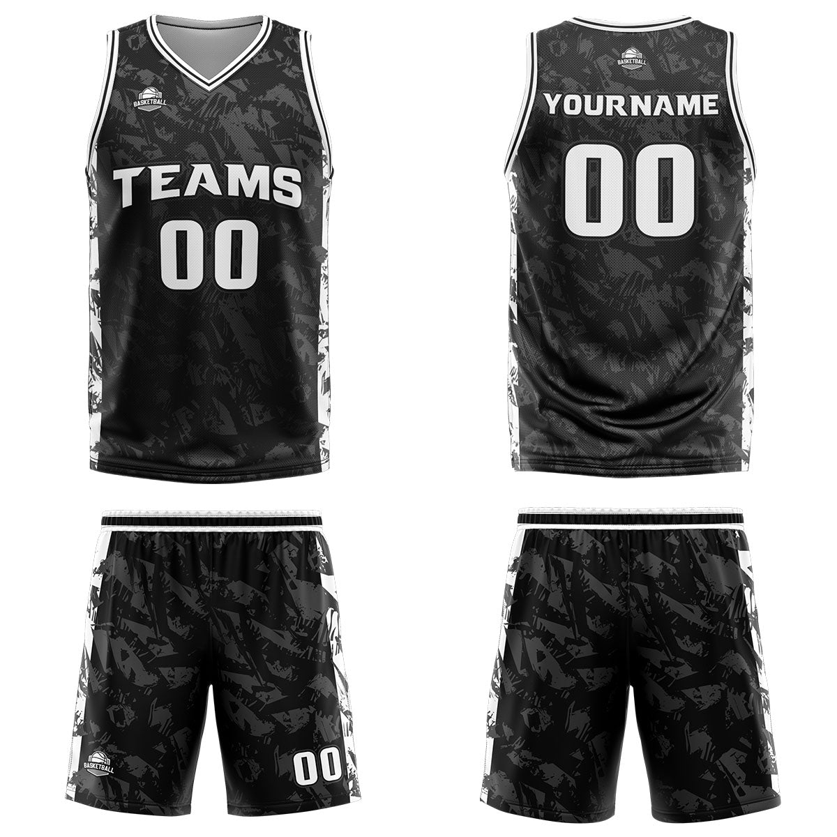 Uniforme de baloncesto personalizado negro y gris roto con tu logotipo-nombre y número impresos