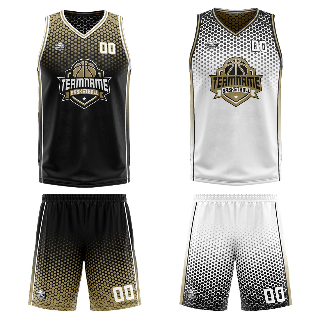 Traje de baloncesto reversible negro-dorado y blanco personalizado para adultos y niños