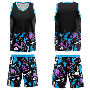 Uniforme de baloncesto personalizado en negro y azul claro con tu logotipo-nombre y número impresos