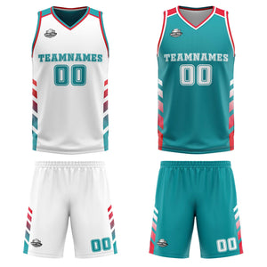 Traje de baloncesto reversible personalizado blanco-turquesa y rojo para adultos y niños