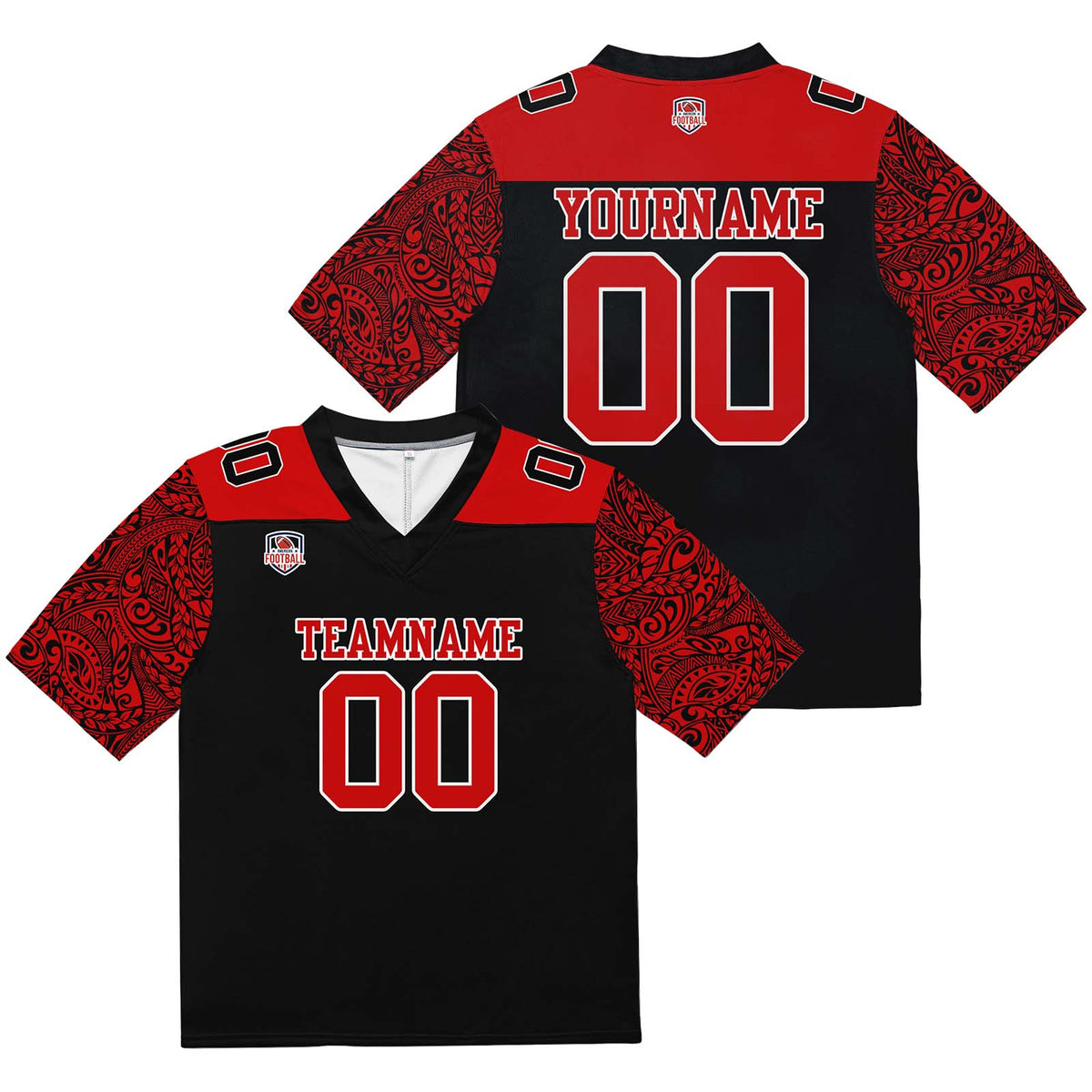 Camiseta de fútbol personalizada con nombre y número del equipo impresos y bordados-color negro y rojo