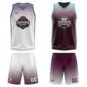 Traje de baloncesto reversible blanco-rojo y cian personalizado para adultos y niños
