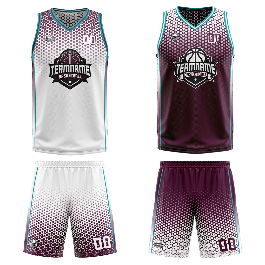 Traje de baloncesto reversible blanco-rojo y cian personalizado para adultos y niños
