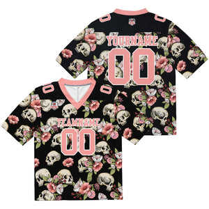 Camiseta de fútbol personalizada con nombre y número del equipo bordados y estampados en color rosa calavera