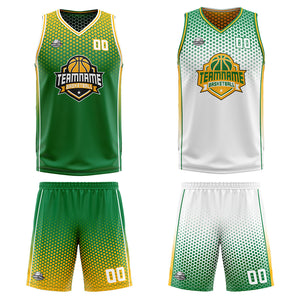 Traje de baloncesto reversible personalizado verde-amarillo y blanco para adultos y niños