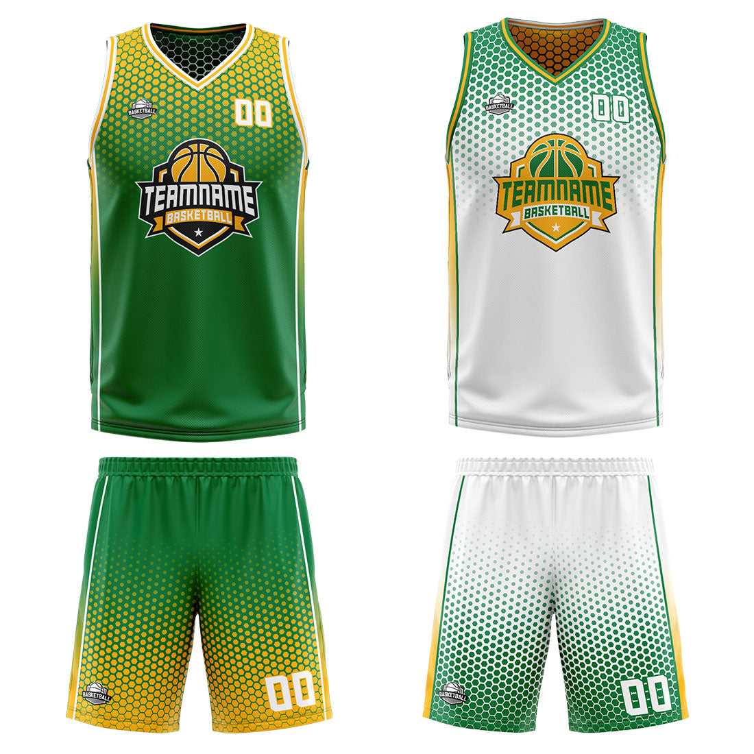 Traje de baloncesto reversible personalizado verde-amarillo y blanco para adultos y niños