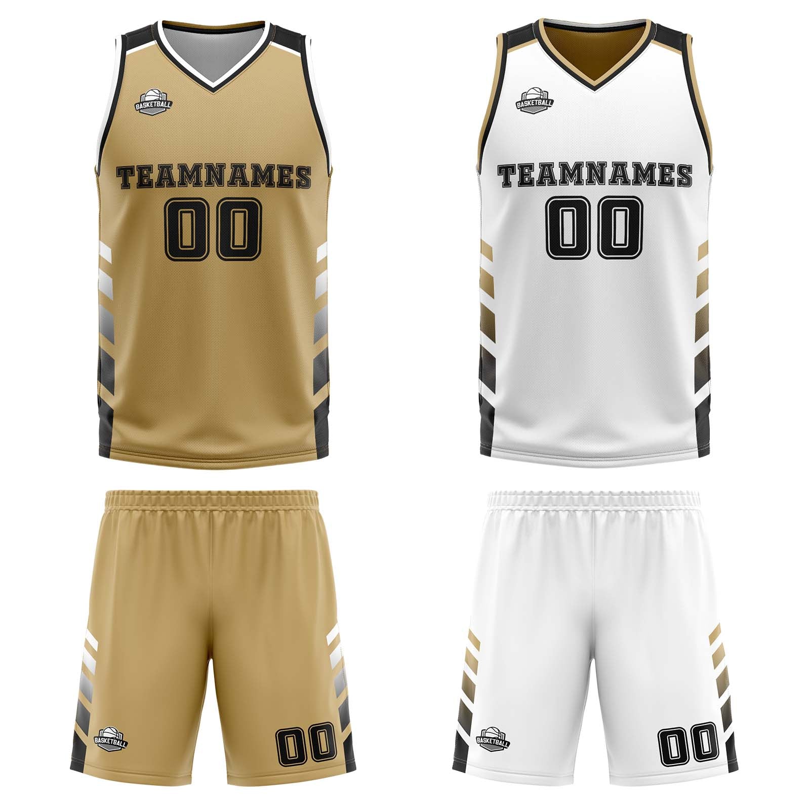 Traje de baloncesto reversible personalizado en dorado-blanco y negro para adultos y niños