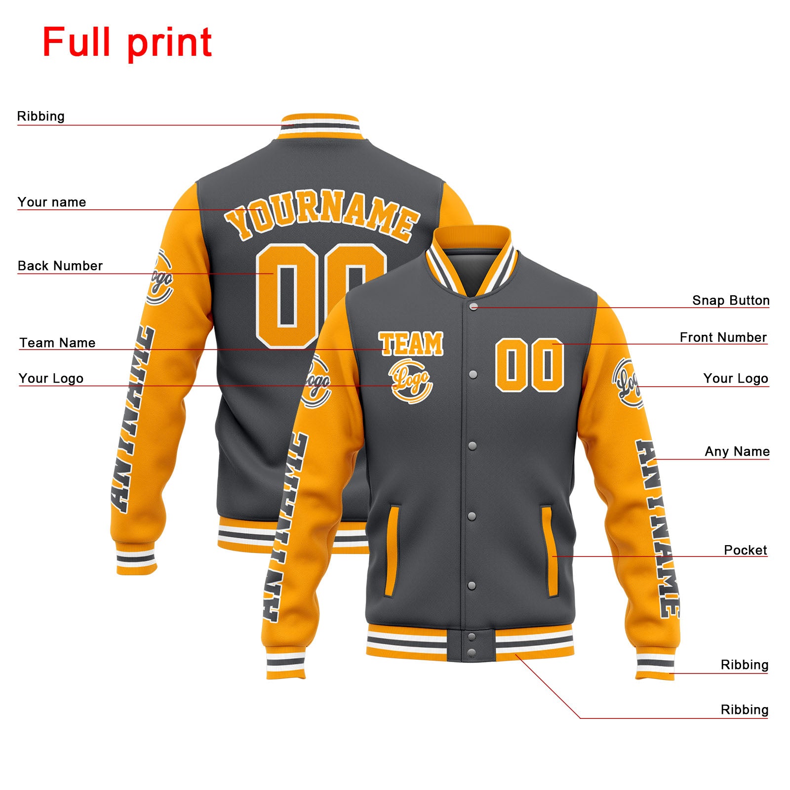 Chaqueta universitaria personalizada estilo Letterman para hombres-mujeres y jóvenes-color gris y amarillo