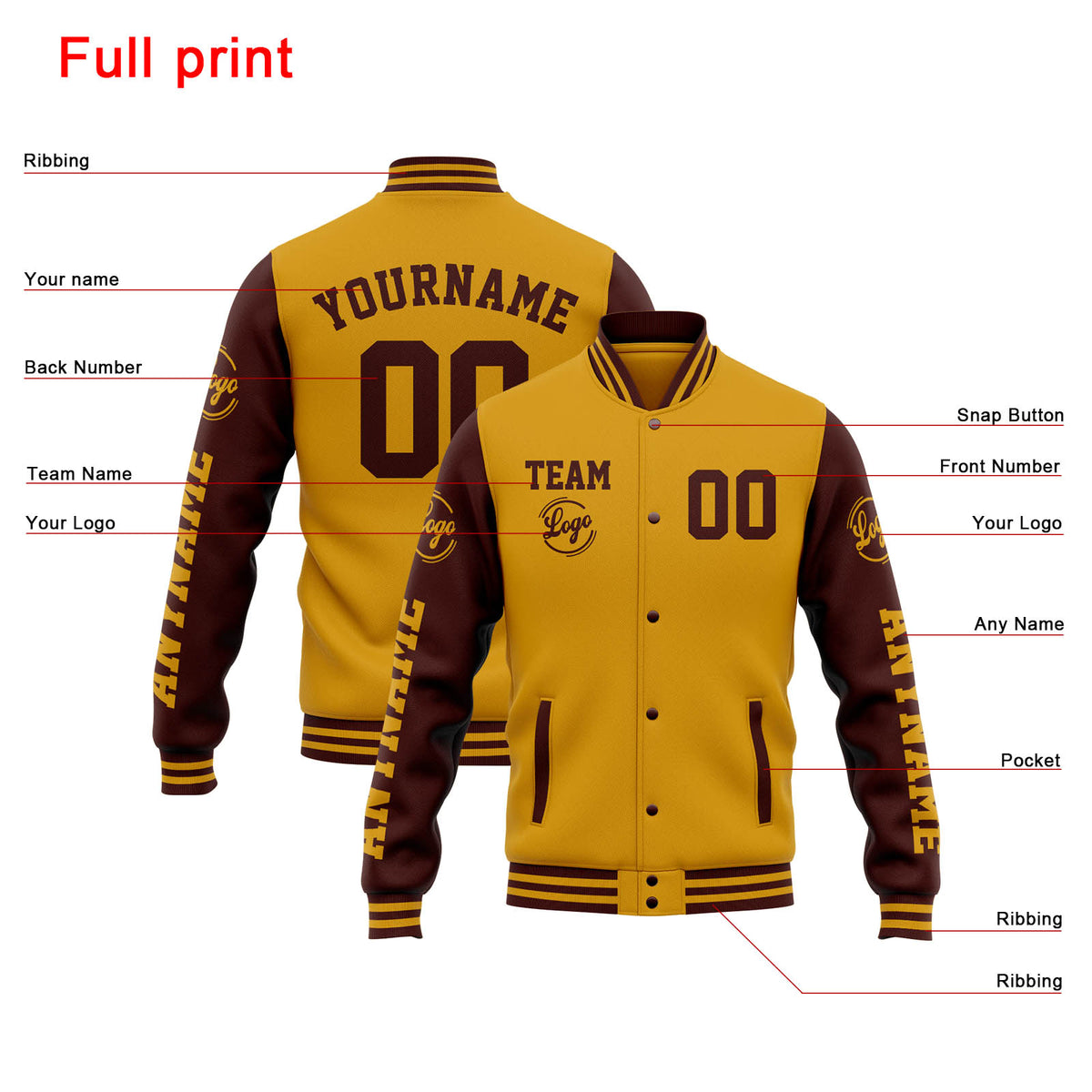 Chaqueta universitaria personalizada estilo Letterman para hombres-mujeres y jóvenes-color oro burdeos
