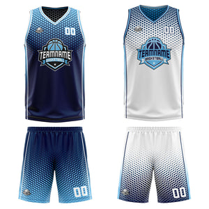 Traje de baloncesto reversible azul marino y blanco personalizado para adultos y niños