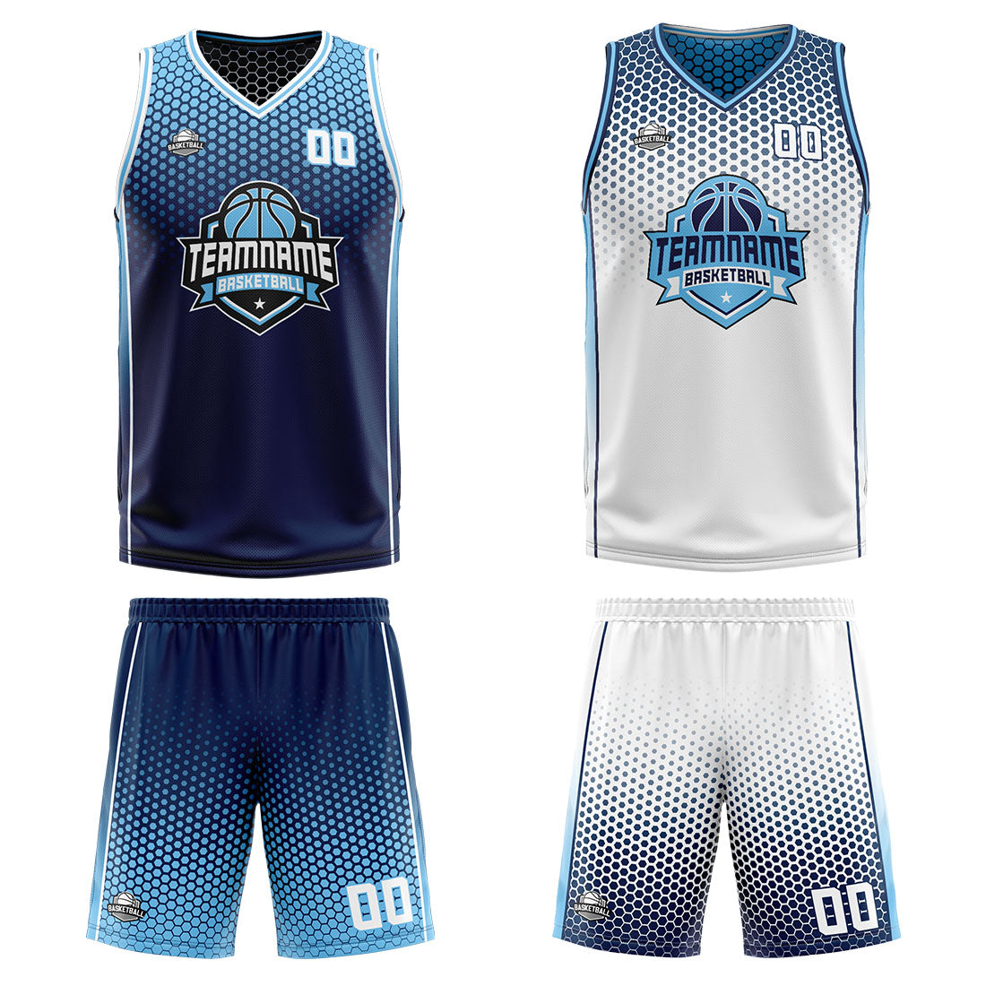 Traje de baloncesto reversible azul marino y blanco personalizado para adultos y niños