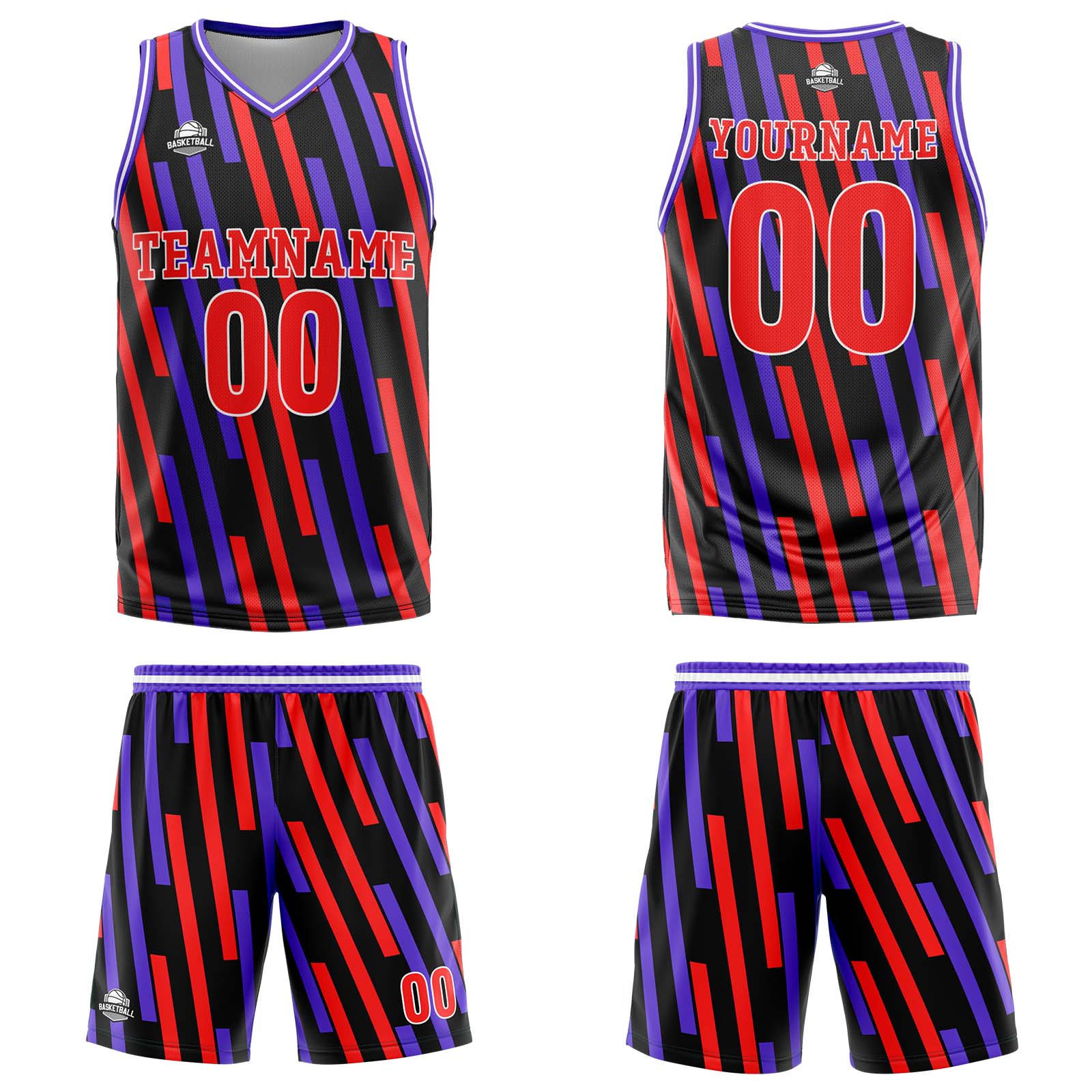 Camiseta de baloncesto personalizada con barra vertical roja y morada-uniforme impreso con su logotipo-nombre y número