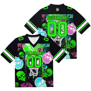 Camiseta de fútbol personalizada con nombre y número del equipo bordados y estampado de calavera estilo grafiti -Verde neón