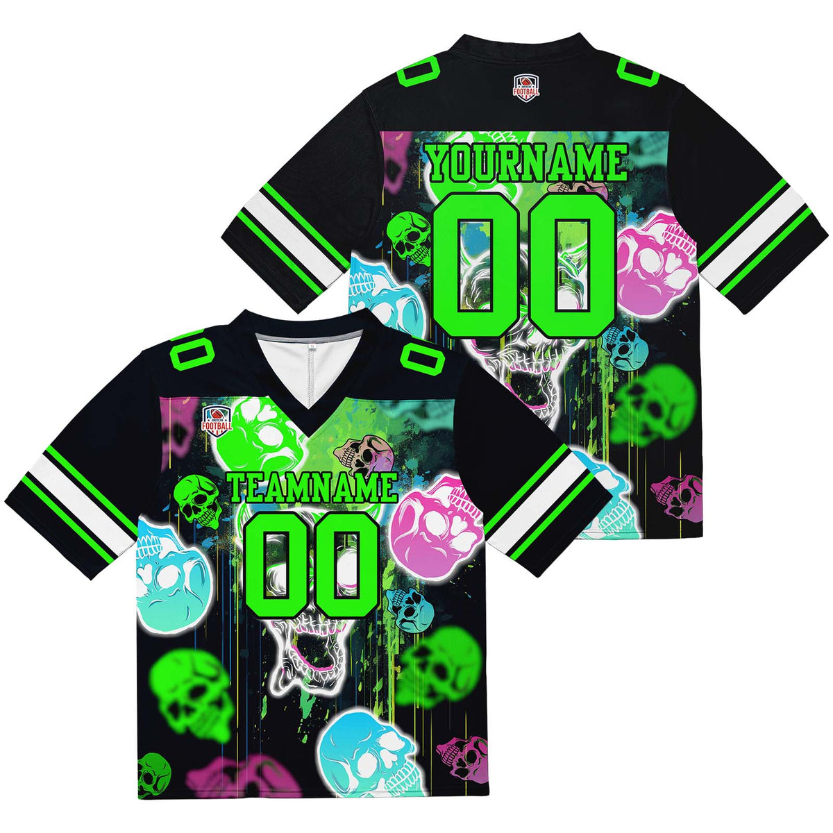 Camiseta de fútbol personalizada con nombre y número del equipo bordados y estampado de calavera estilo grafiti -Verde neón