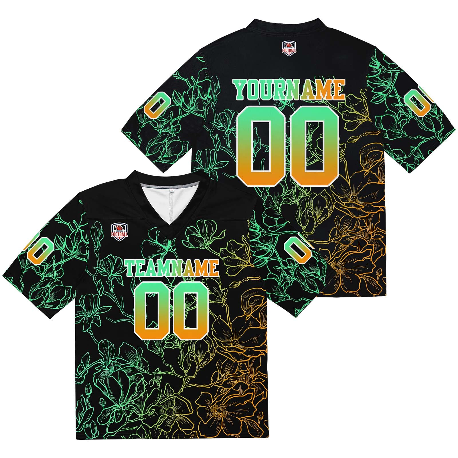 Camiseta de fútbol personalizada con nombre y número del equipo bordados y estampados en degradado verde y naranja