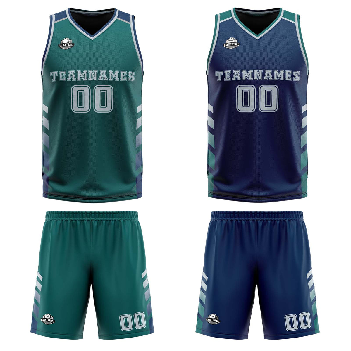 Traje de baloncesto reversible personalizado en verde medianoche-azul marino y gris para adultos y niños