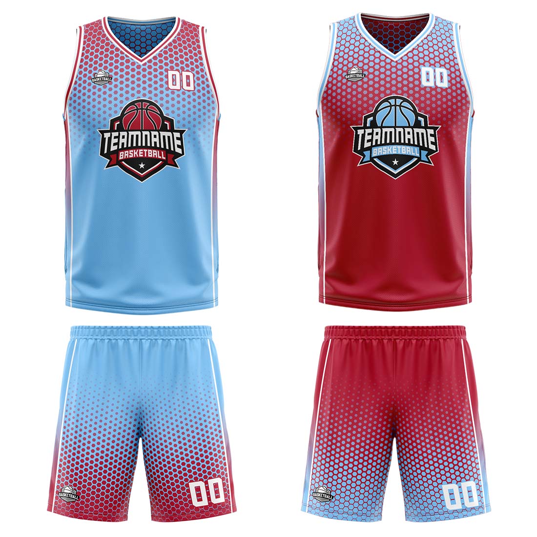 Traje de baloncesto reversible azul-rojo y blanco personalizado para adultos y niños
