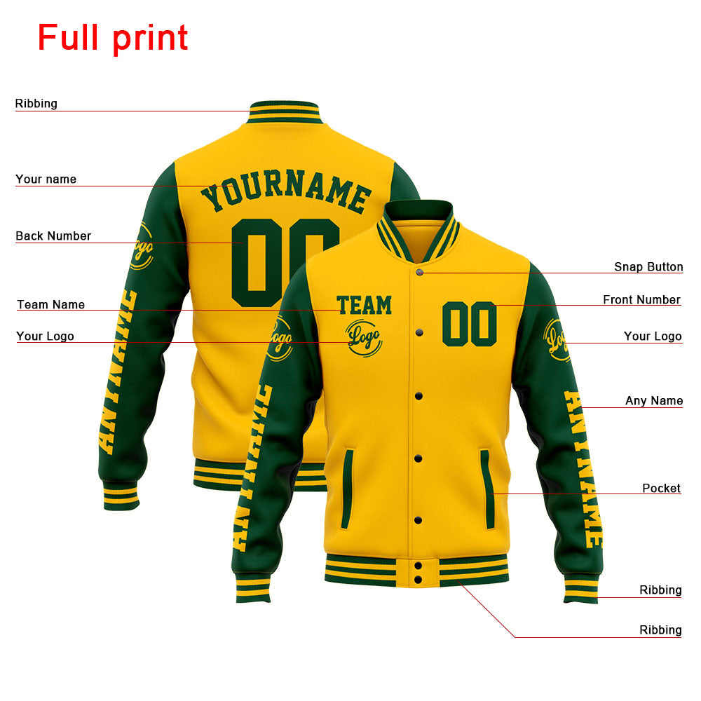 Chaqueta universitaria personalizada estilo Letterman para hombres-mujeres y jóvenes-color verde y amarillo