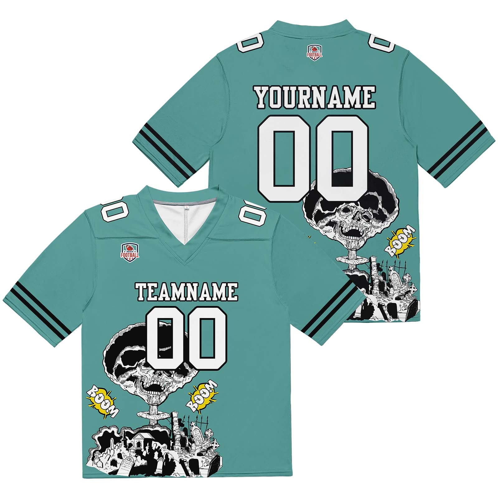 Camiseta de fútbol personalizada con nombre y número del equipo bordados y estampados en azul aguamarina