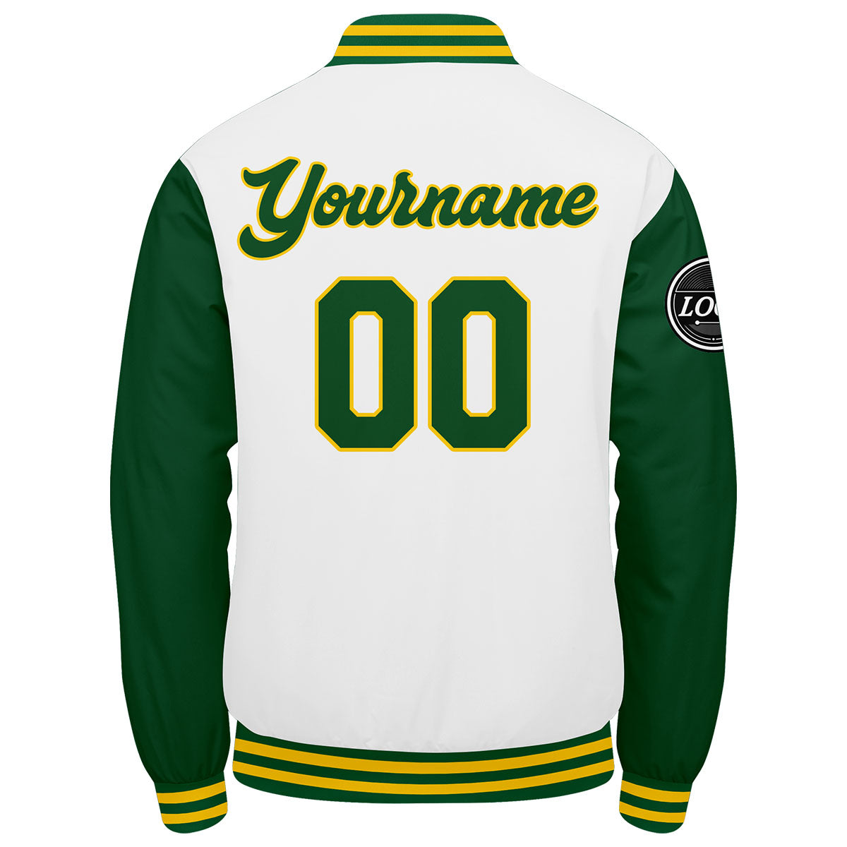 Chaqueta universitaria personalizada estilo Letterman para hombres-mujeres y jóvenes en colores verde-amarillo y blanco
